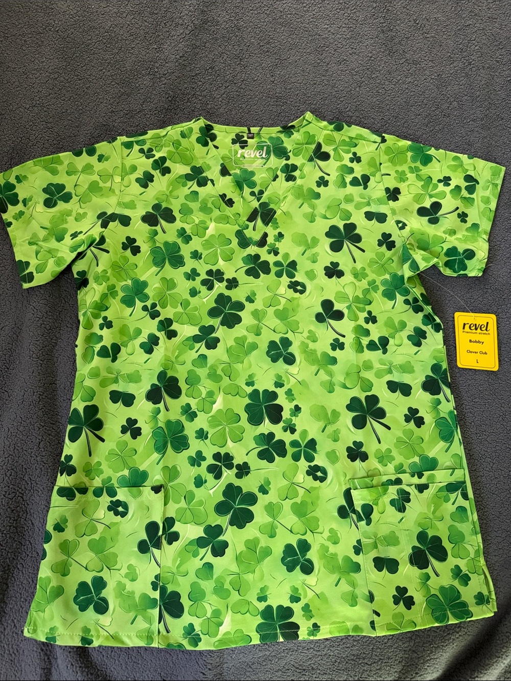 Revel Women’s Clover-Print Green Medical Scrub Top